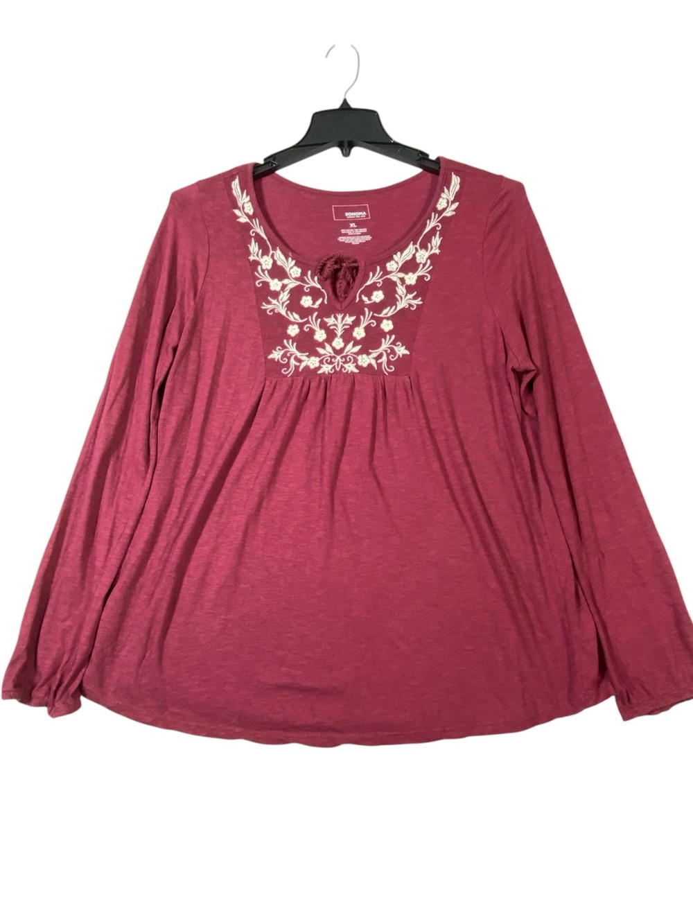 Sonoma Peasant Top Women's XL Burgundy Floral Embroidered Long Sleeve Split Neck